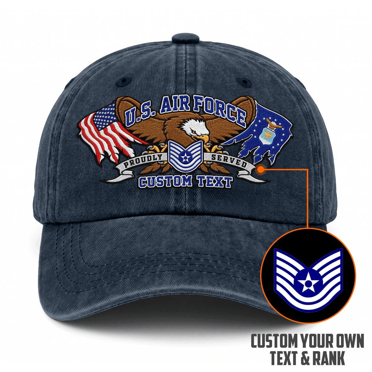 Personalized Air Force Washed Hat Custom Military Rank and Text