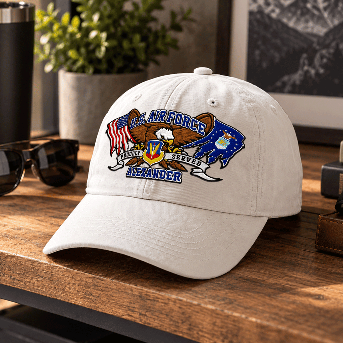 Personalized Air Force Washed Hat Custom Military Rank and Text
