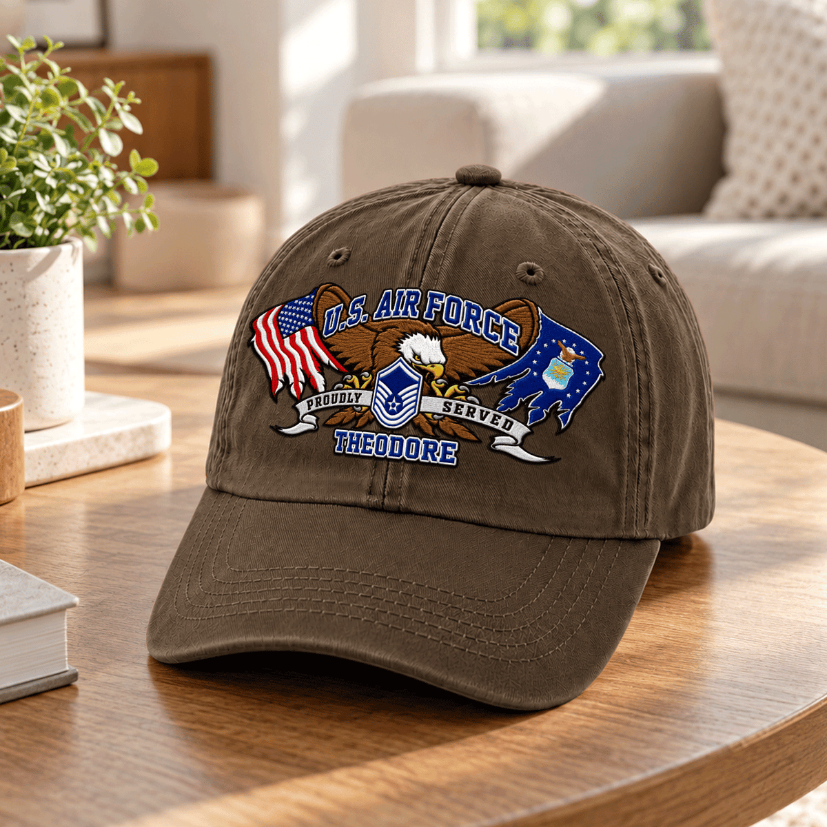 Personalized Air Force Washed Hat Custom Military Rank and Text