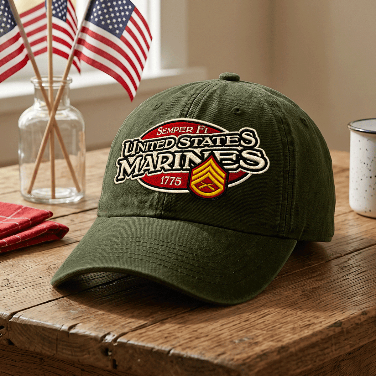 Custom Marine Veteran Washed Cap Personalized Military Rank and Text