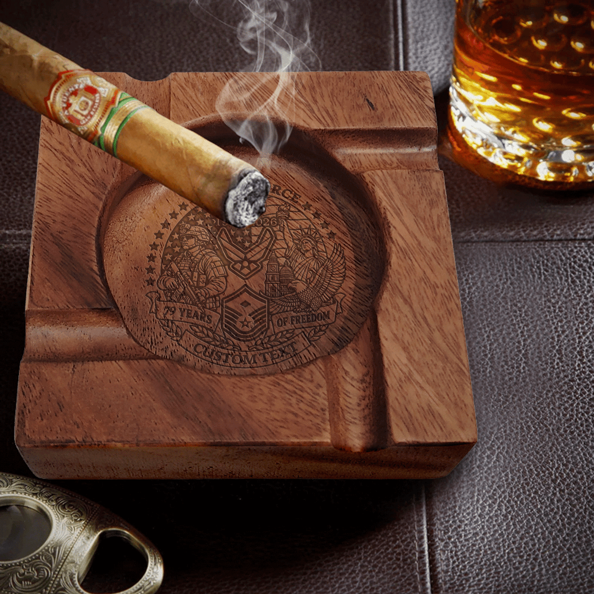 Personalized U.S. Air Force Wooden Cigar Ashtray Custom Rank and Text
