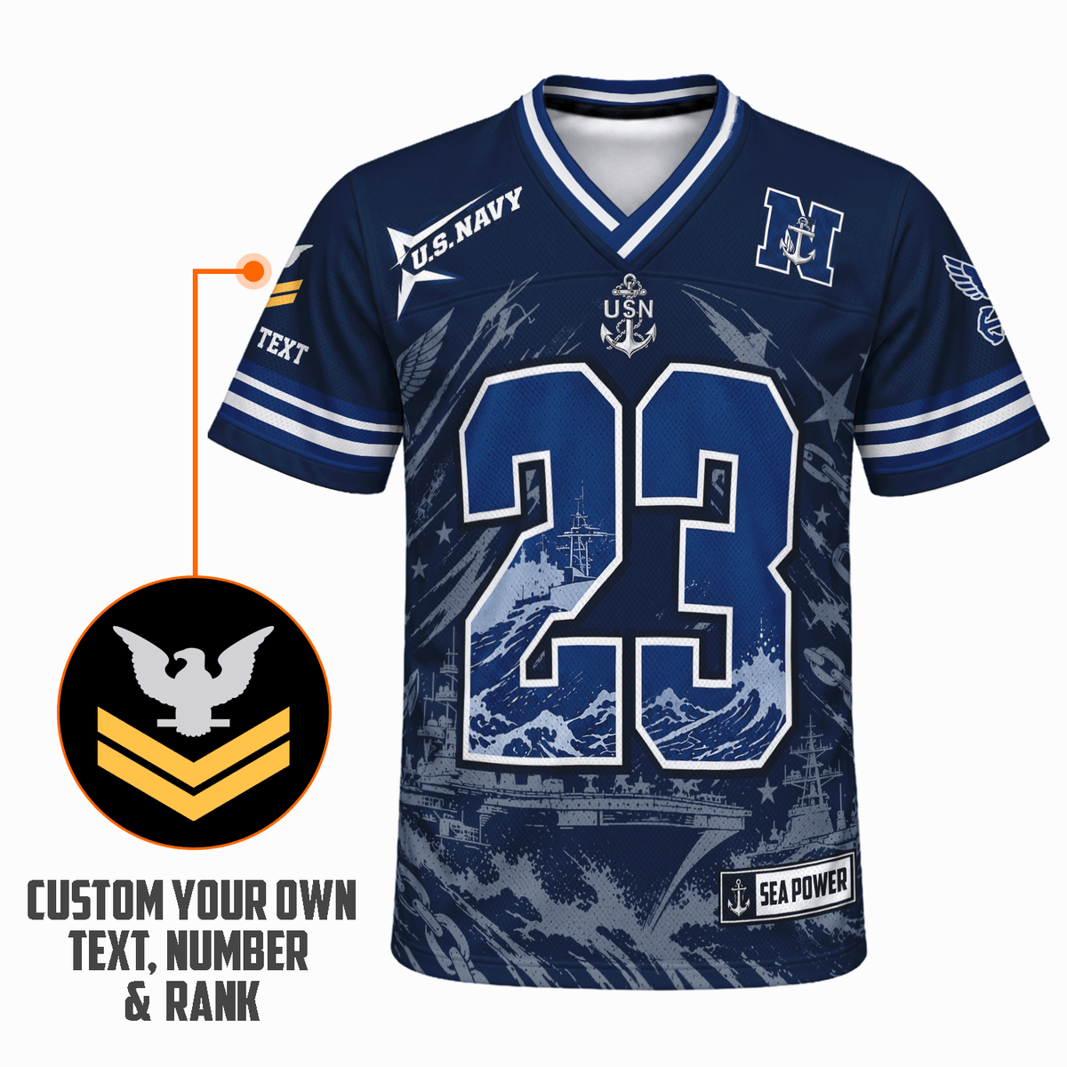 Custom Navy Sports Jersey Personalized Rank Text and Jersey Number