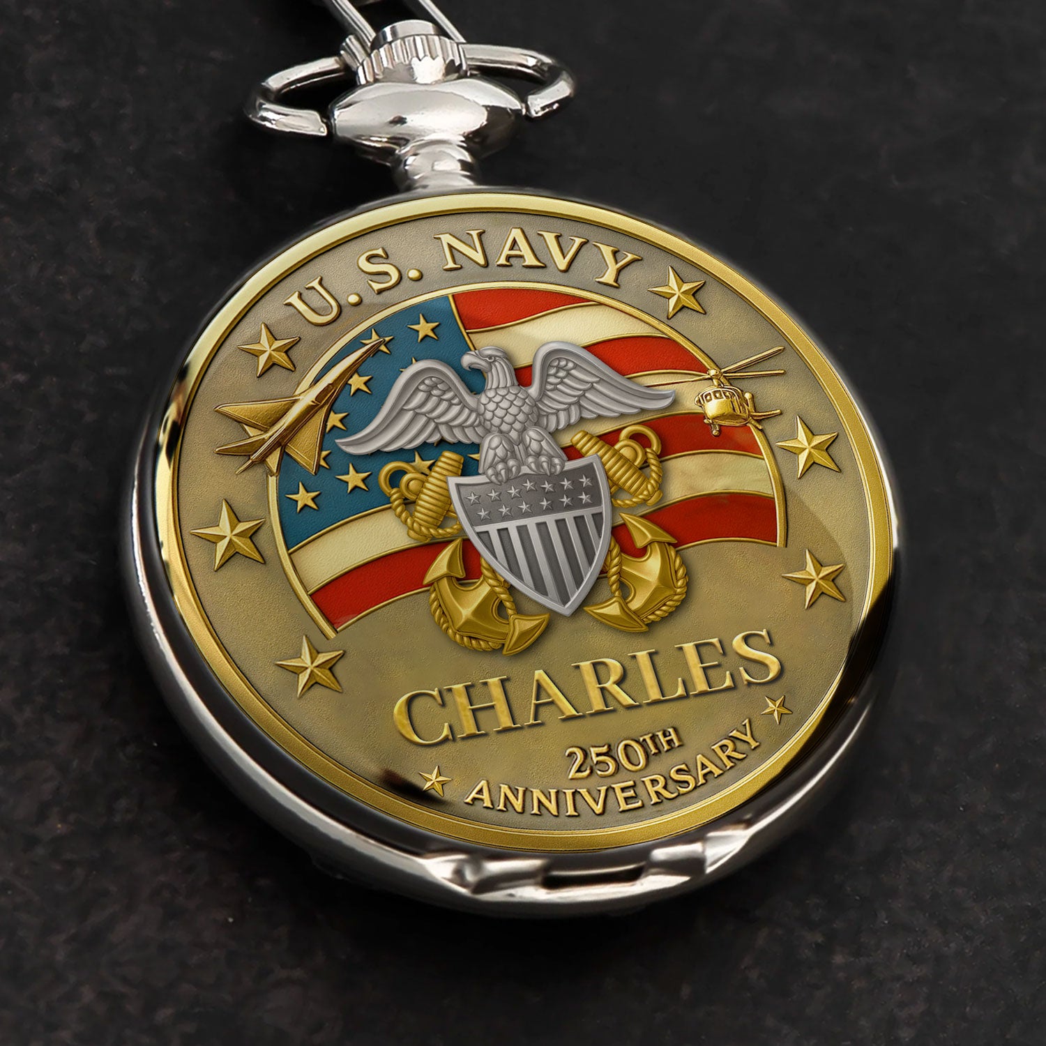 Personalized US Navy 250th Anniversary Custom 3D Effect Printed Pocket Watch
