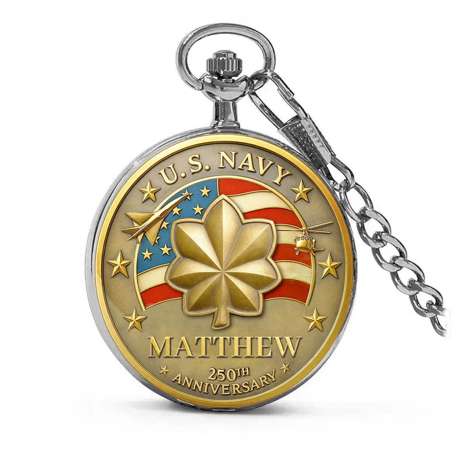 Personalized US Navy 250th Anniversary Custom 3D Effect Printed Pocket Watch