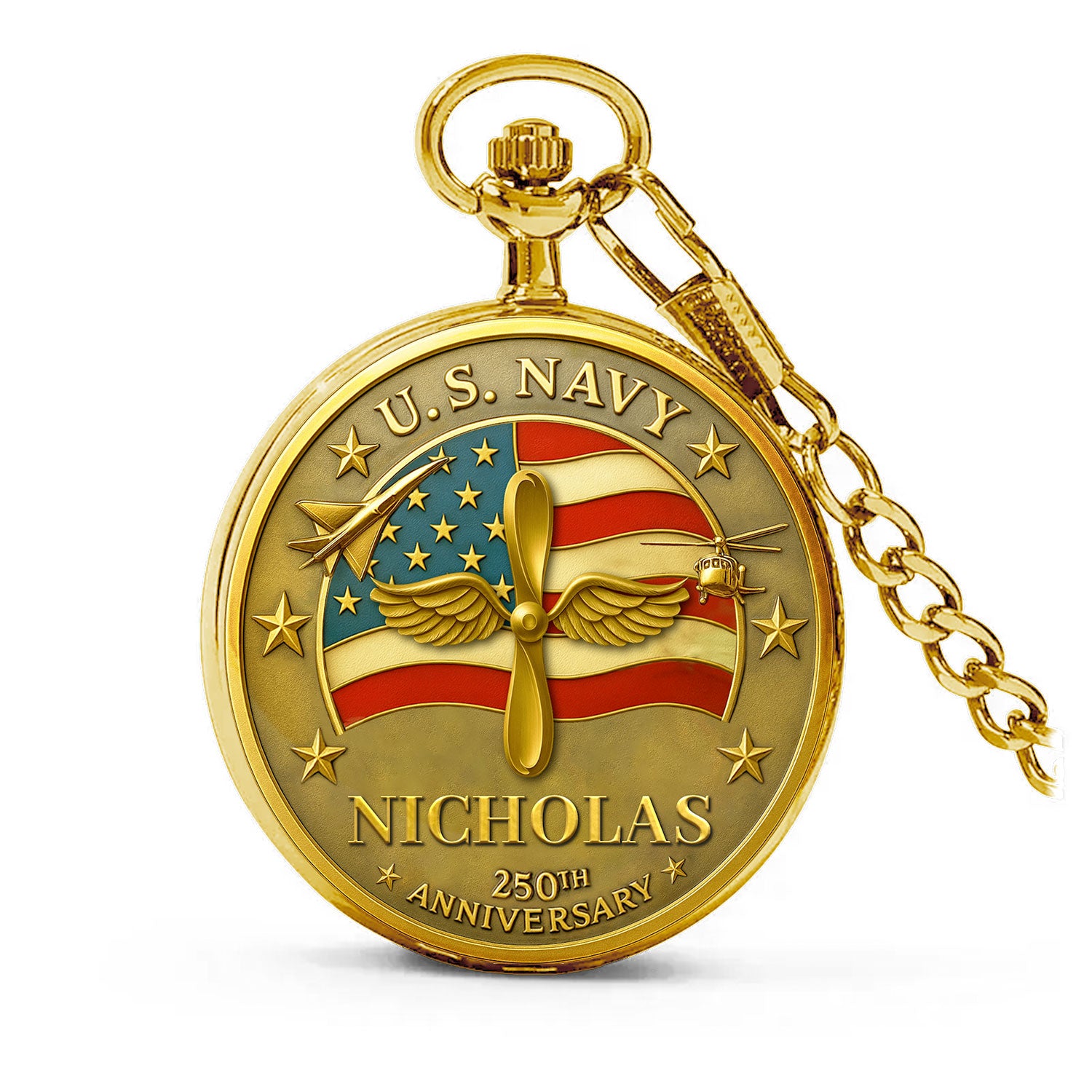 Personalized US Navy 250th Anniversary Custom 3D Effect Printed Pocket Watch