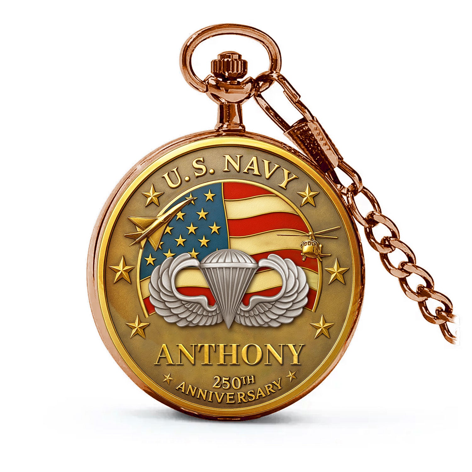 Personalized US Navy 250th Anniversary Custom 3D Effect Printed Pocket Watch