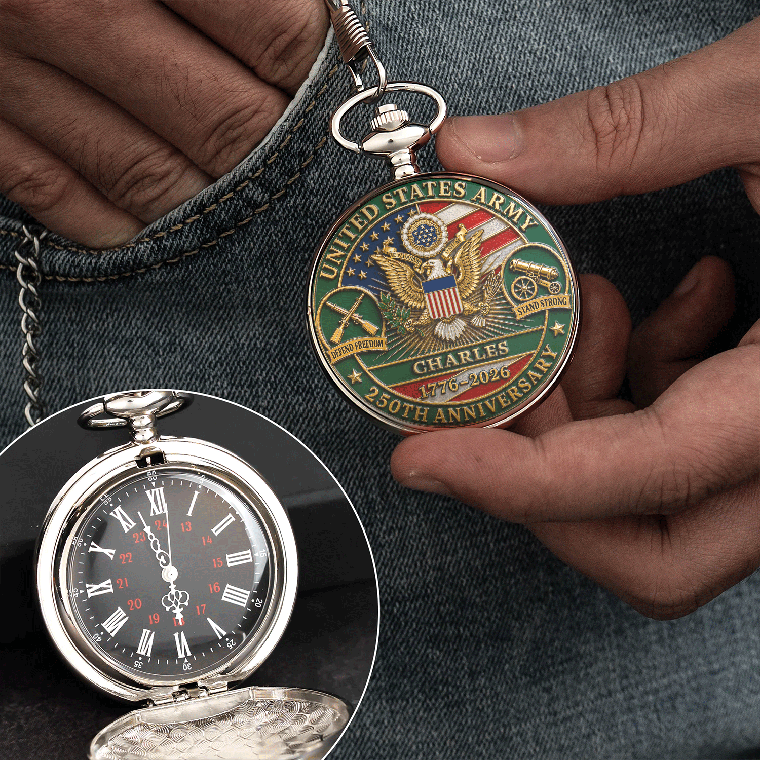 Personalized Army Pocket Watch USA Semiquincentennial Gift