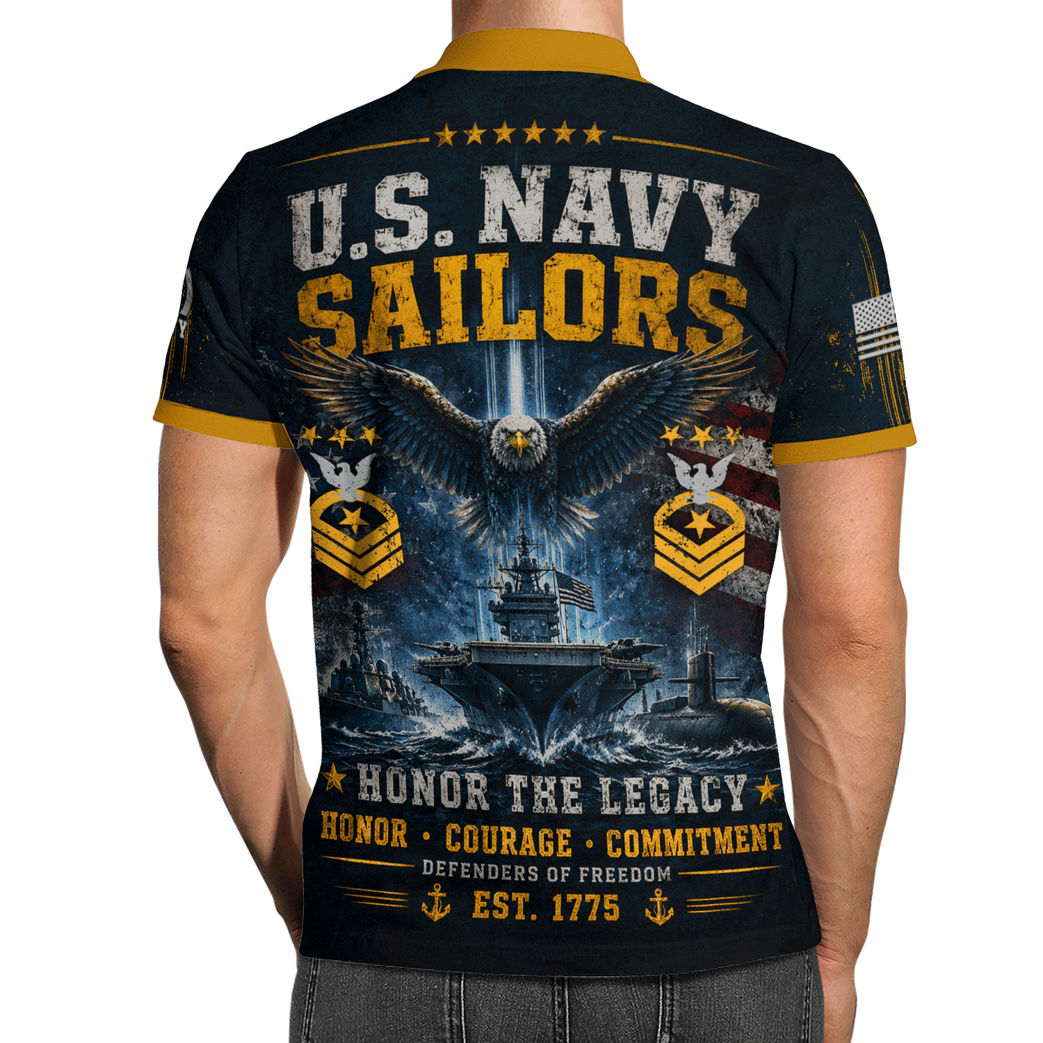 Custom US Navy Name Rank 3D Polo Shirt for Veterans
