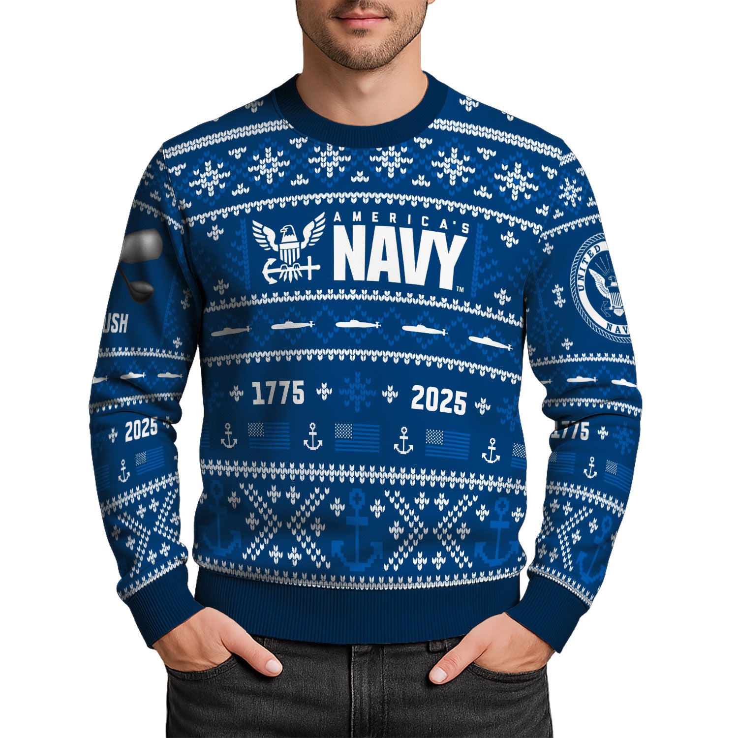 Custom Ranks And Text US Navy Ugly Christmas Sweater for Women Men KAUST01