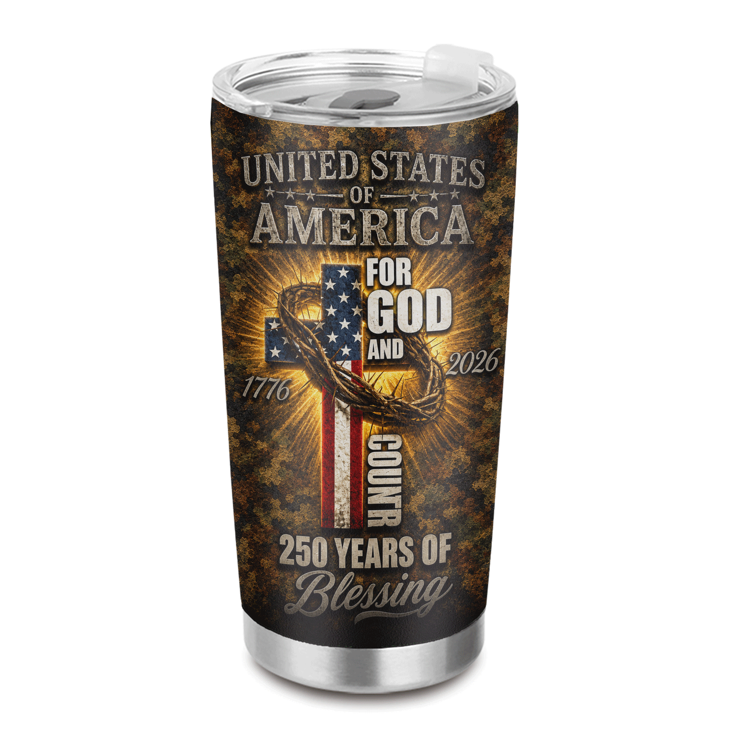 God and Country Cross 1776-2026 Stainless Tumbler