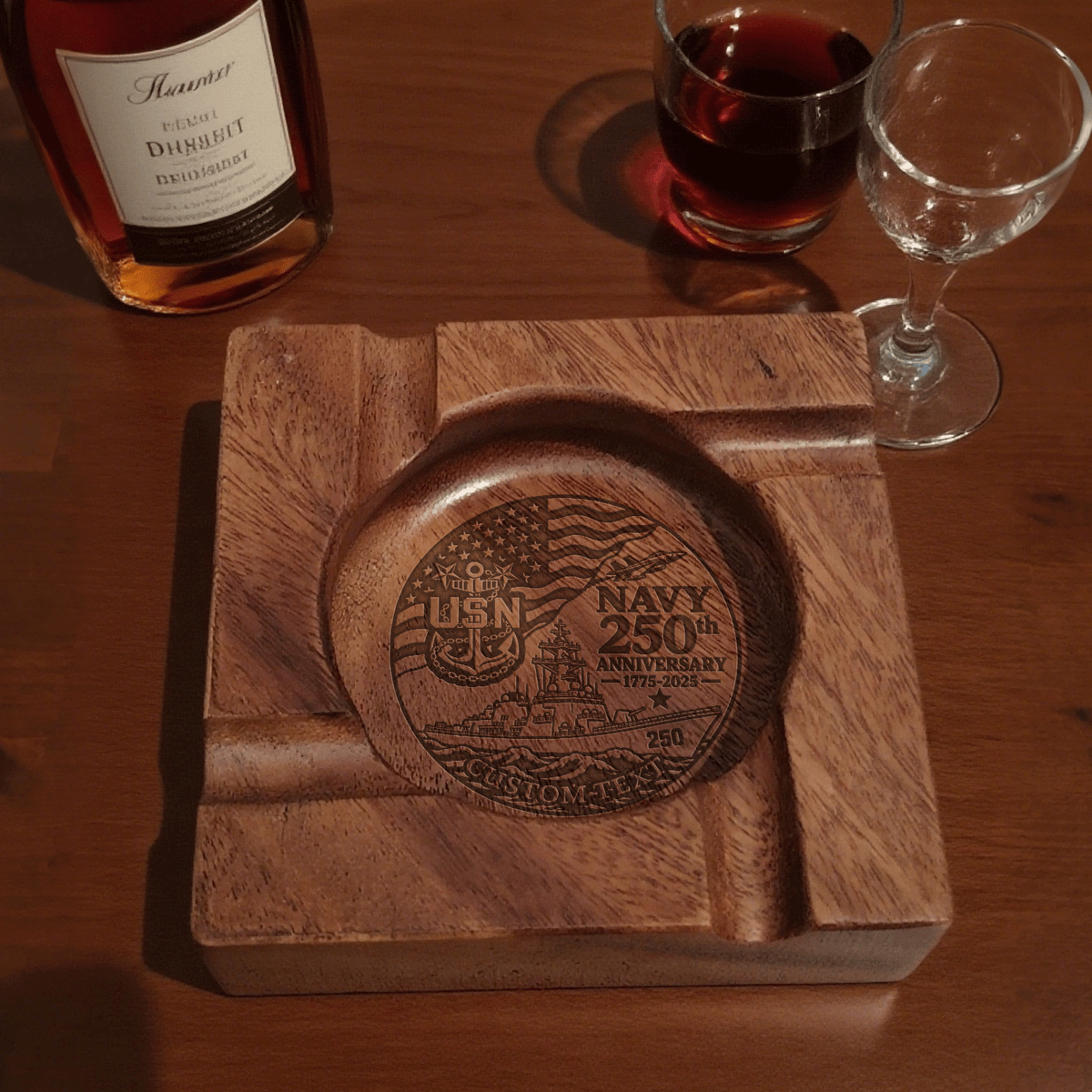 Custom Navy Walnut Ashtray Personalized Veteran Rank and Text
