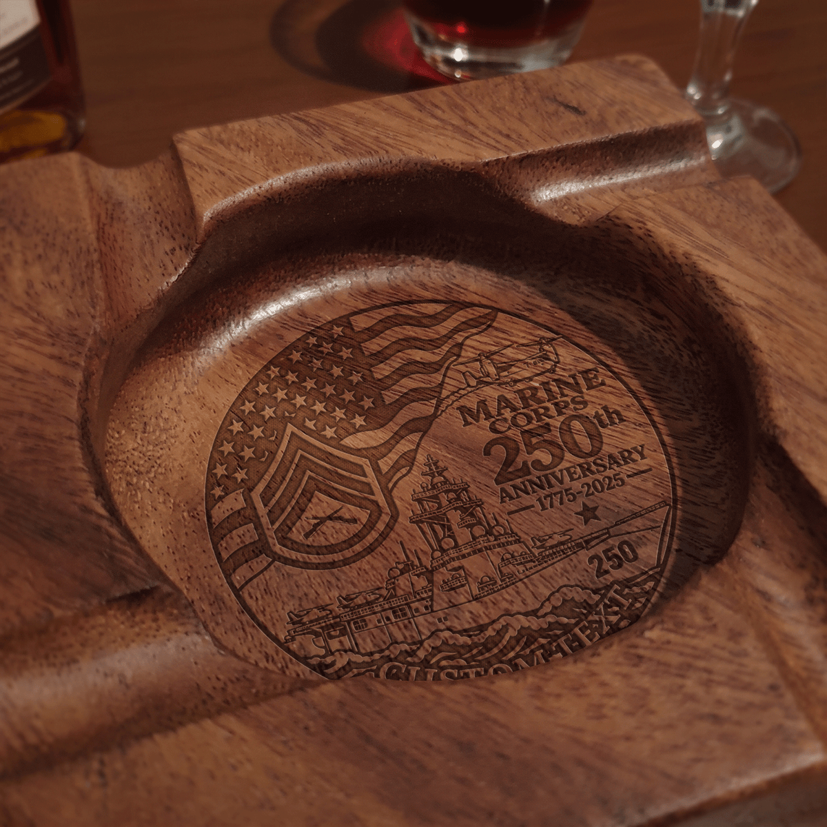 Personalized U.S. Marine Corps Wooden Cigar Ashtray Custom Rank and Text