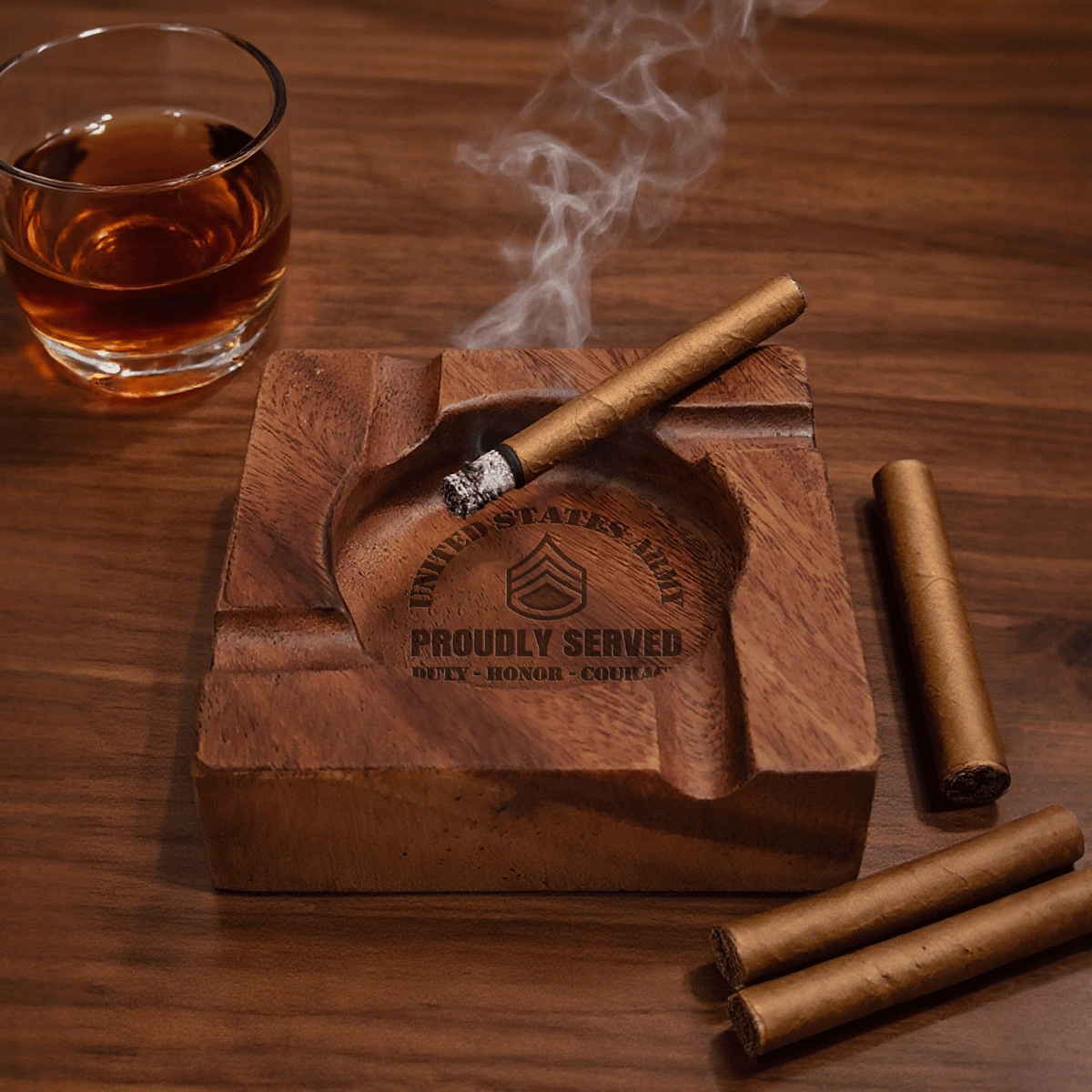 Personalized U.S. Army Wooden Cigar Ashtray Custom Rank and Text