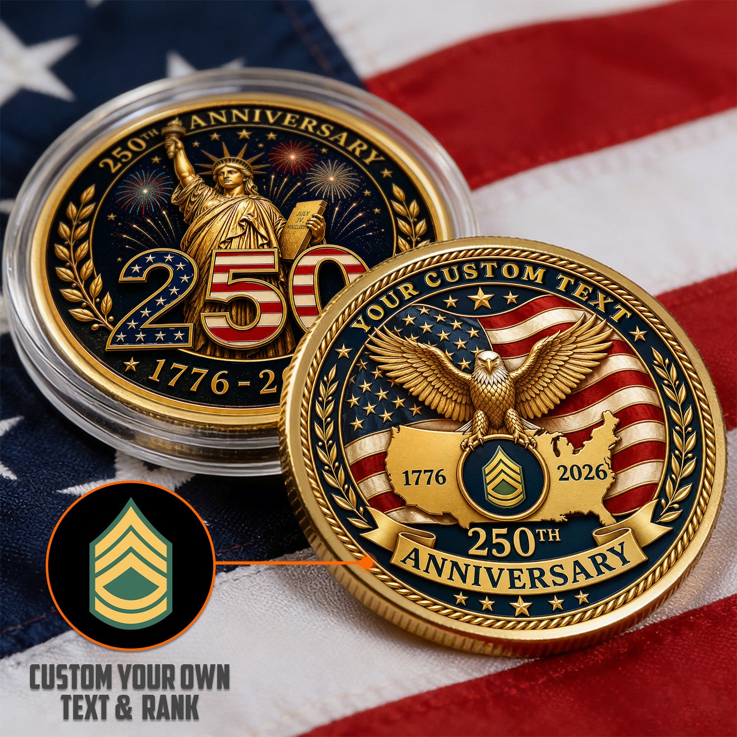 USA 250th Anniversary Custom Army Rank Name 3D Challenge Coin Gift