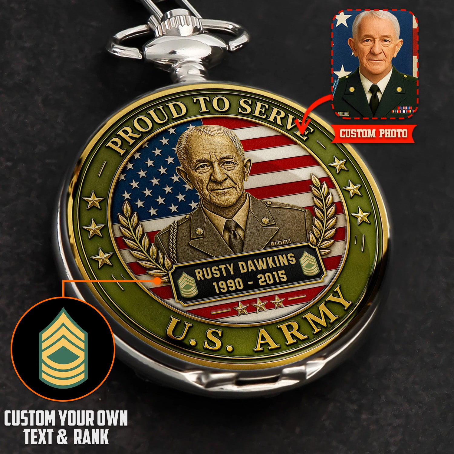Army Custom Rank Pocket Watch 250 Years Patriotic Gift