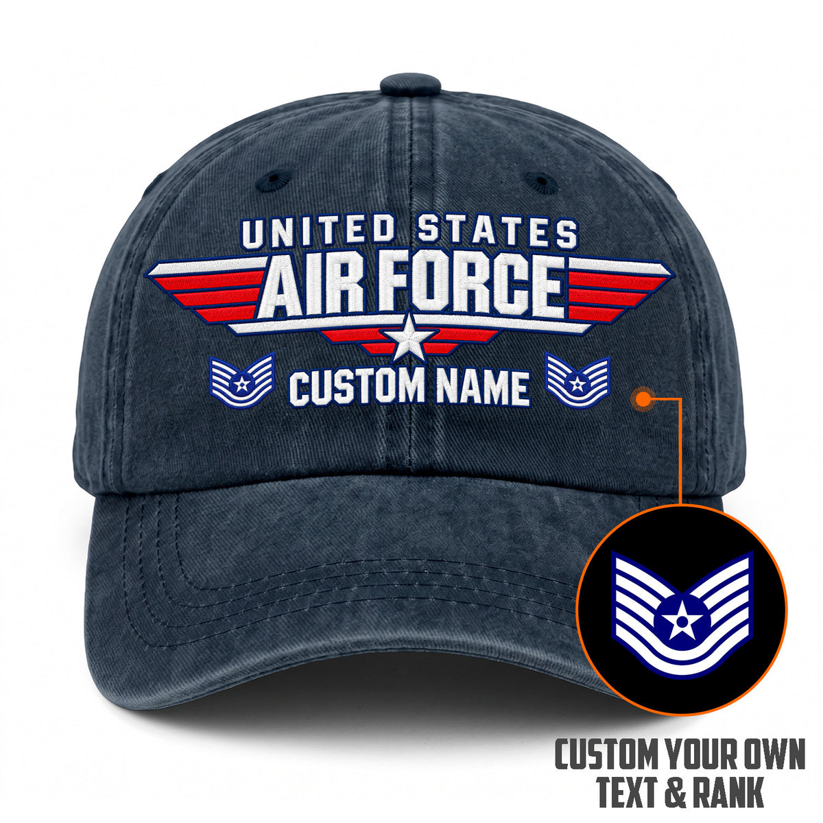 Personalized U.S. Air Force Embroidered Washed Cap Custom Rank and Text
