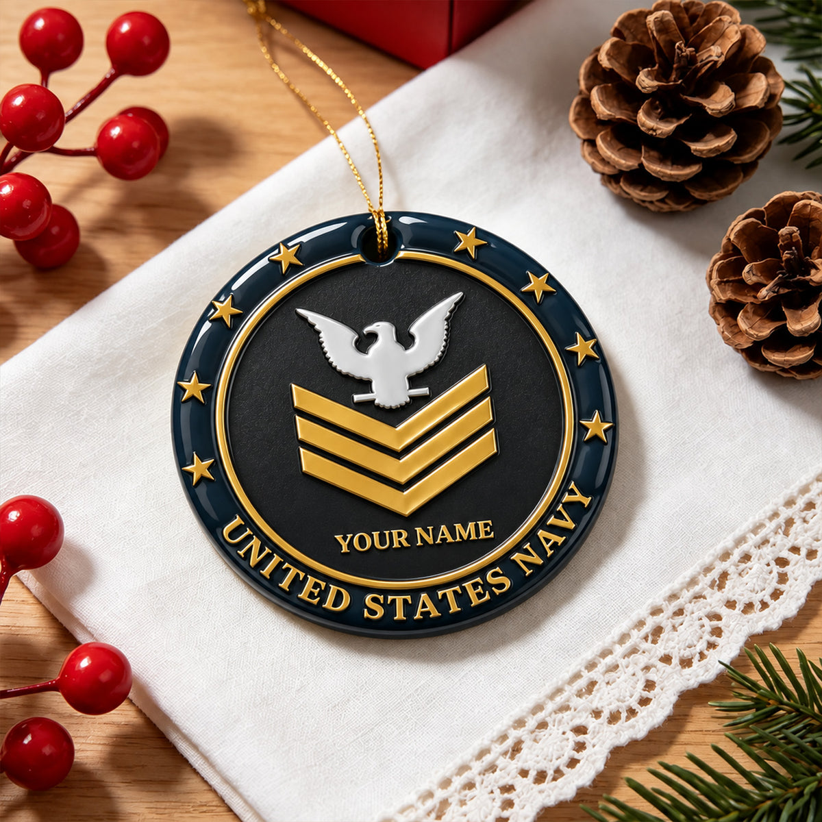 USMC 3D Ceramic Ornament Custom Military Rank Text Keepsake