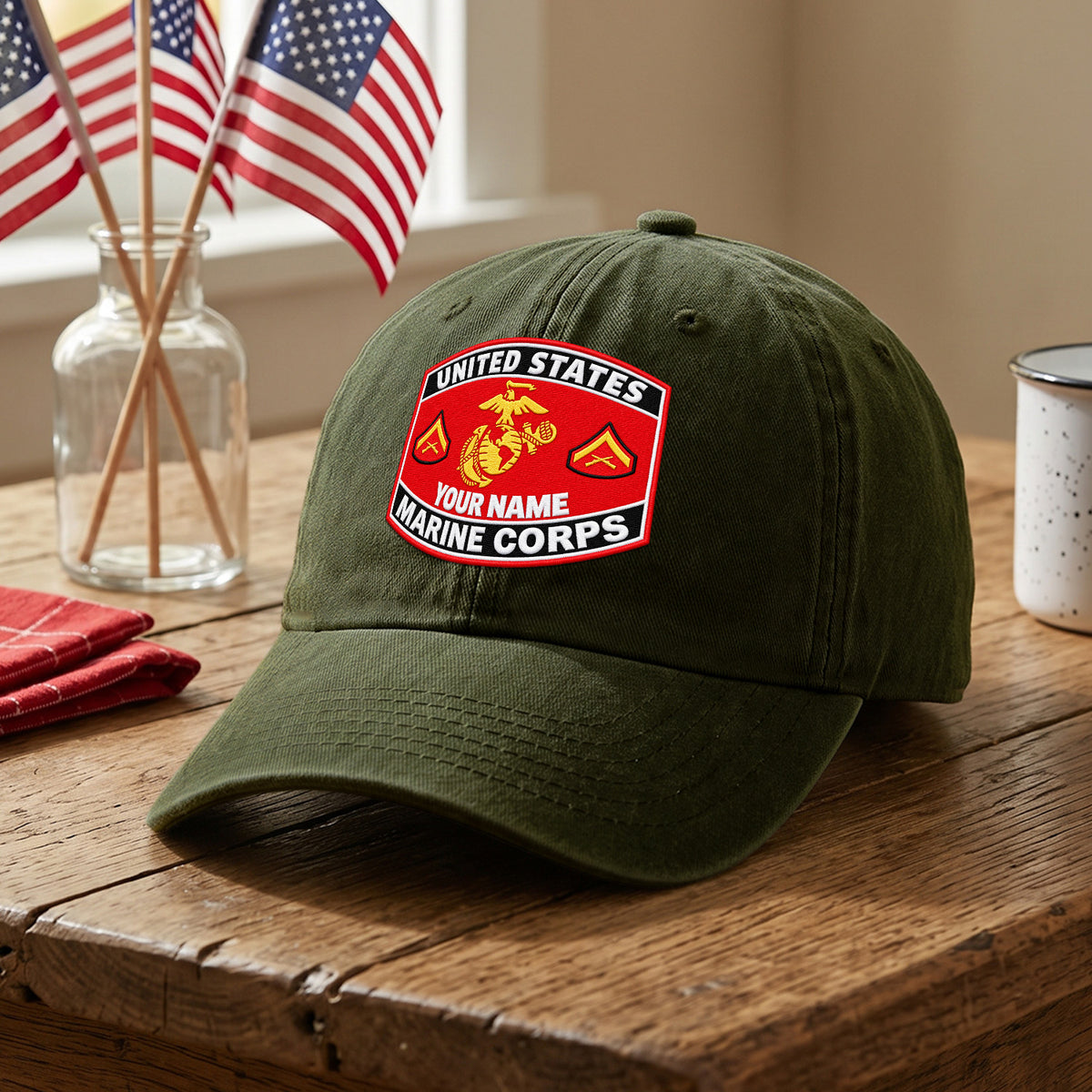 Personalized USMC Cotton Cap Custom Rank and Text