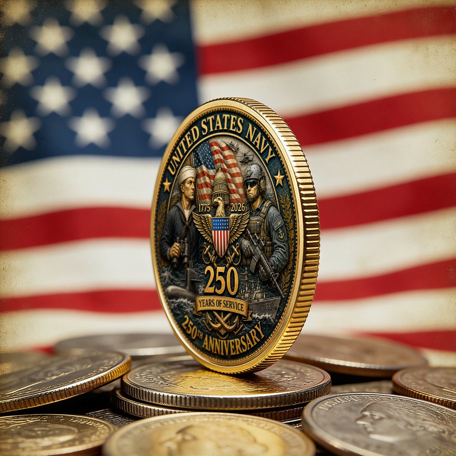 Personalized U.S. Navy 250th Anniversary Soldier Challenge Coin