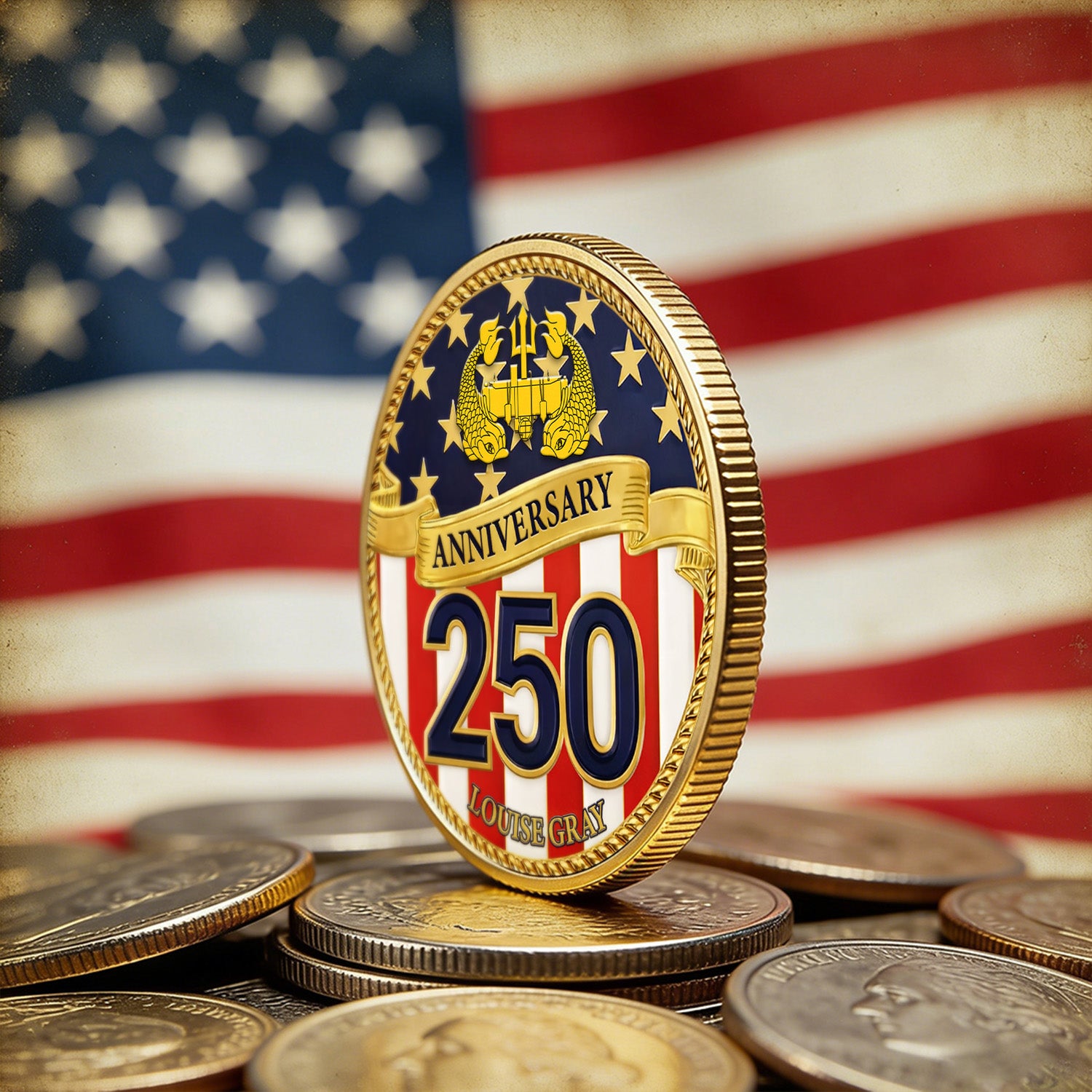 USA 250 Anniversary Coin Custom Name Rank US Navy Patriotic Gift