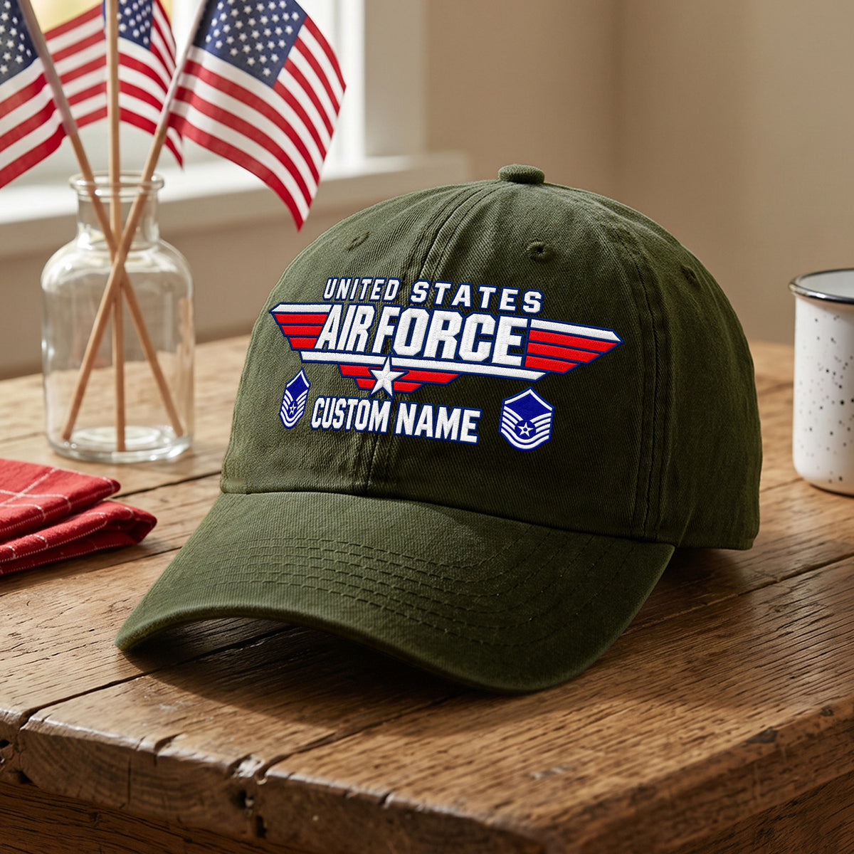 Personalized U.S. Air Force Embroidered Washed Cap Custom Rank and Text