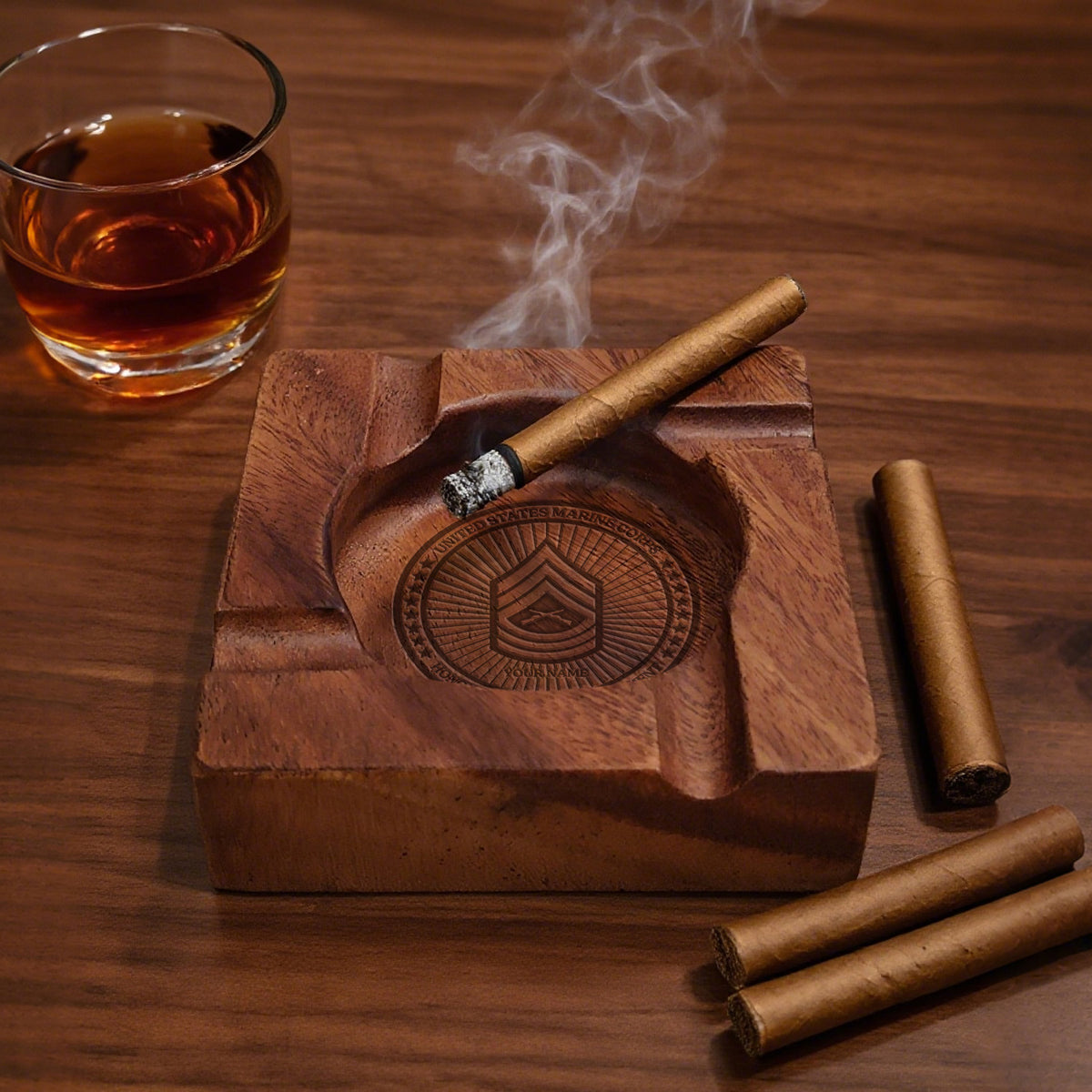 U.S. Marine Corps Wooden Ashtray Custom Rank and Personalized Text
