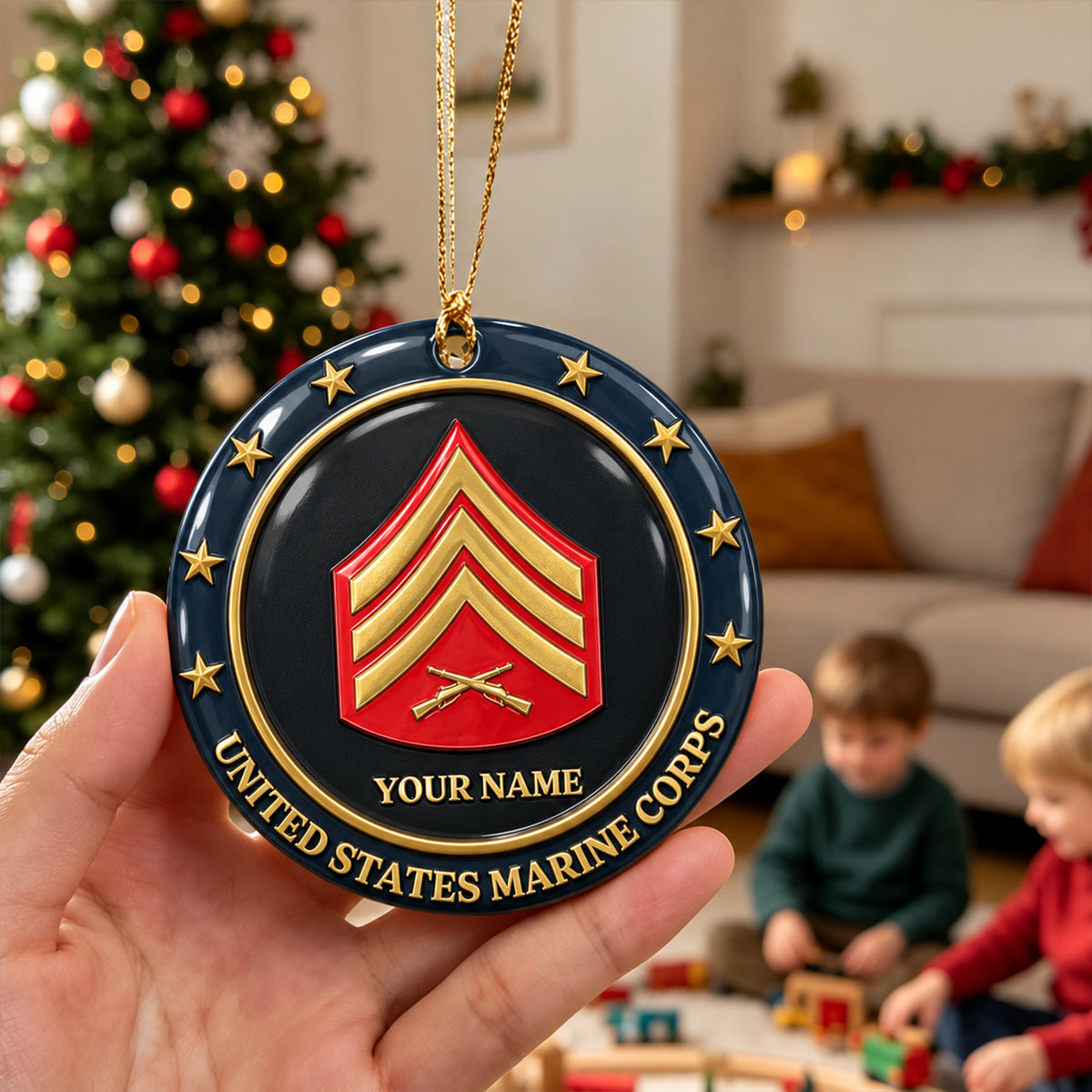 Custom Navy 3D Relief Ornament Personalized Rank and Custom Text