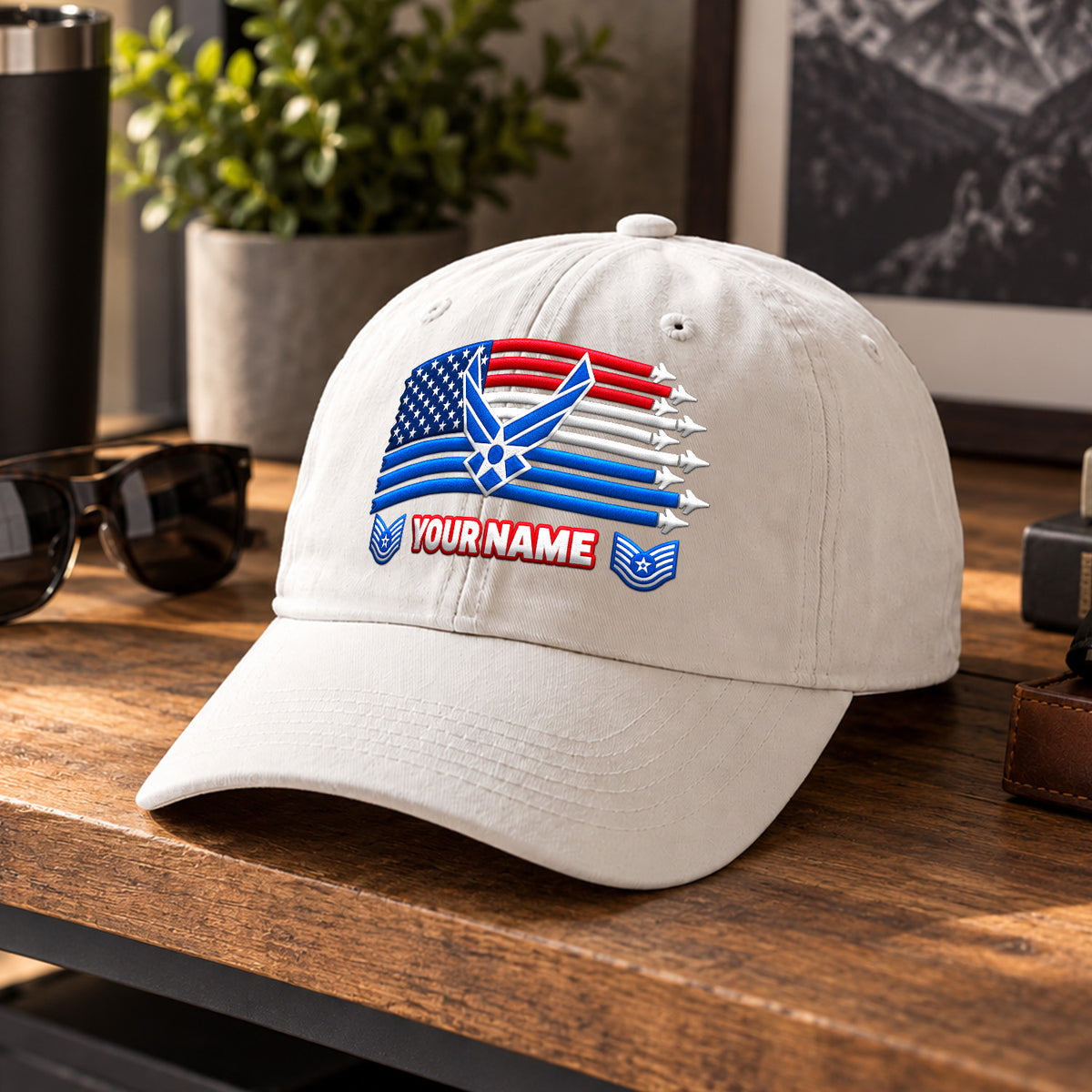 U.S. Air Force Embroidered Cap Custom Rank Text Veteran Gift