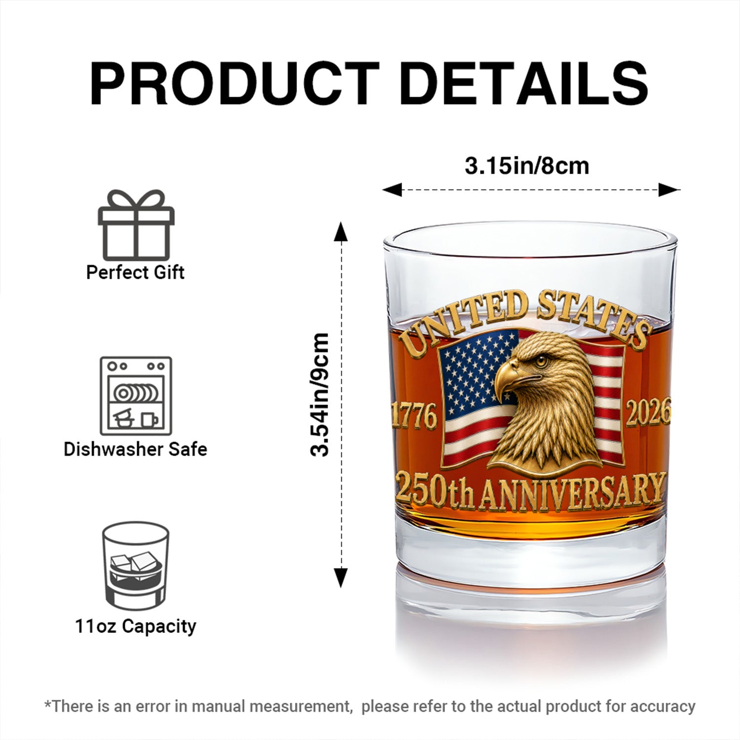 USA 250th Birthday Whiskey Glass Patriotic Barware Gift