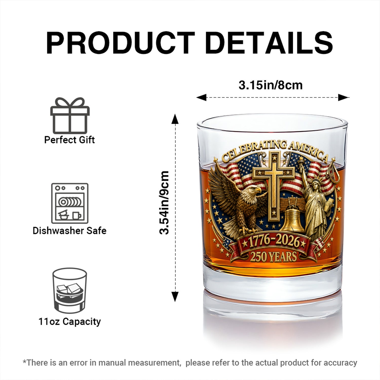 American Liberty Whiskey Glass USA 250 Years Collectible Gift