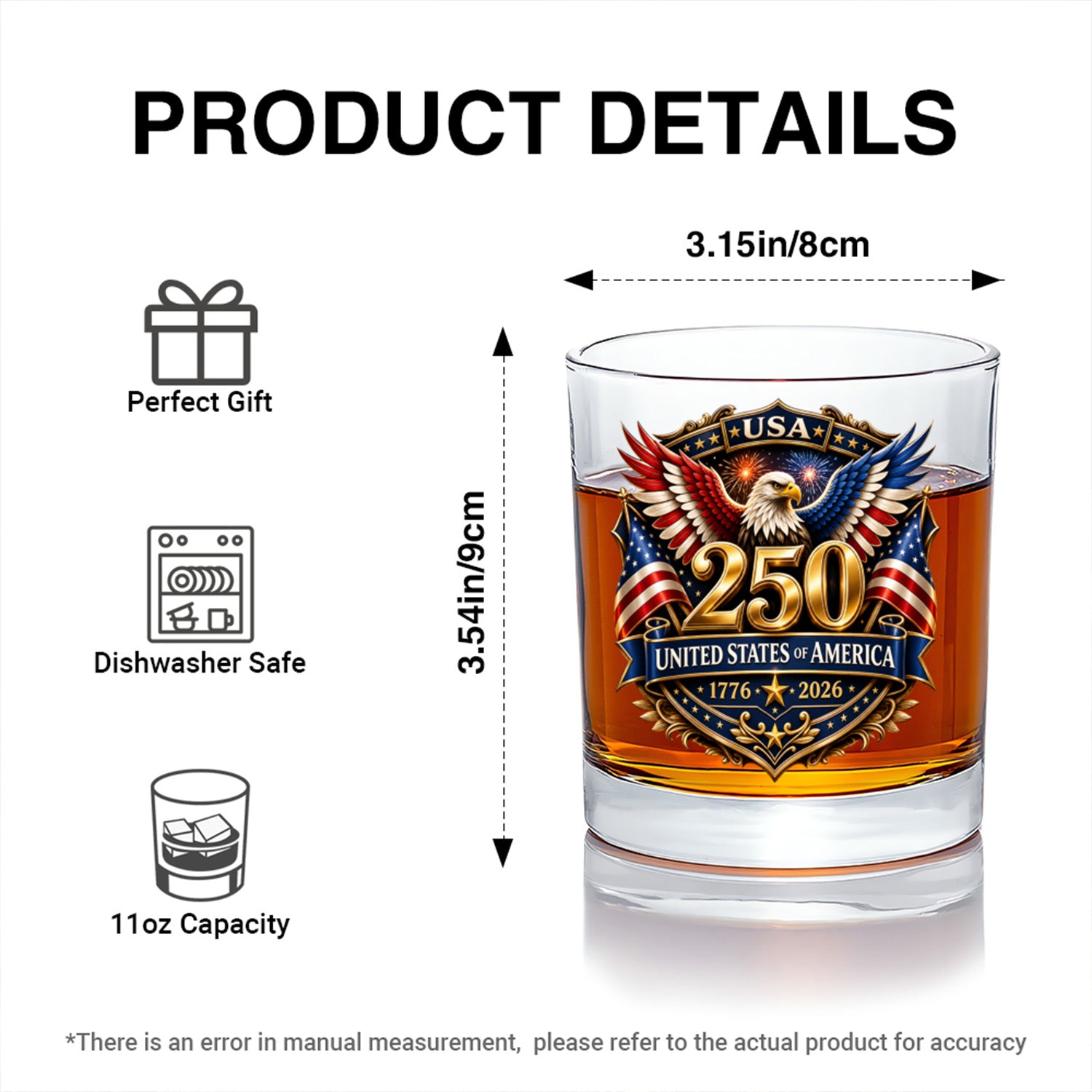 America 250 Whiskey Glass 1776-2026 Commemorative Gift