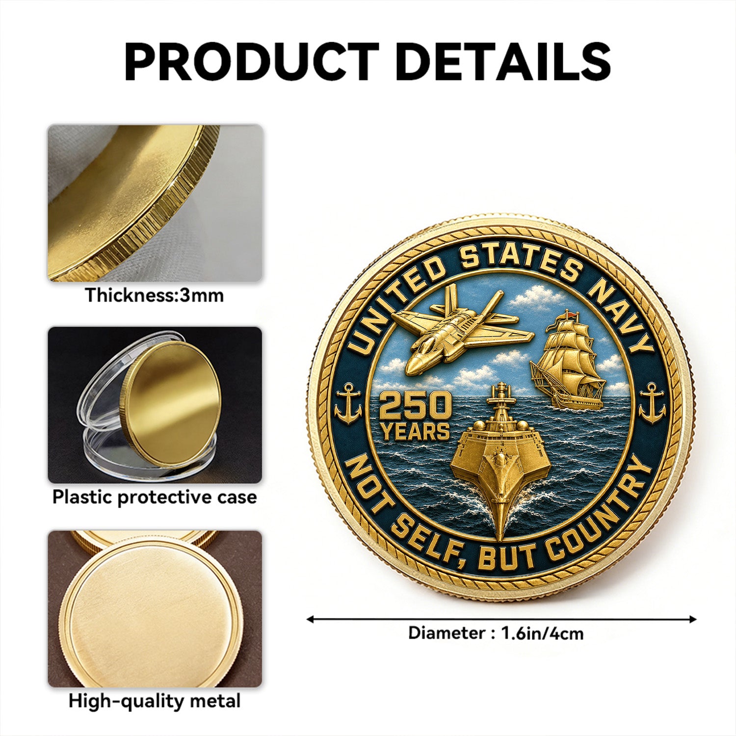 US Navyy 250 Years Custom Rank 3D Challenge Coin