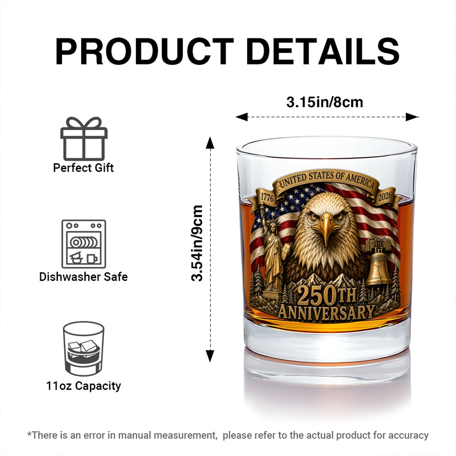 USA 1776-2026 Whiskey Glass American Heritage Gift
