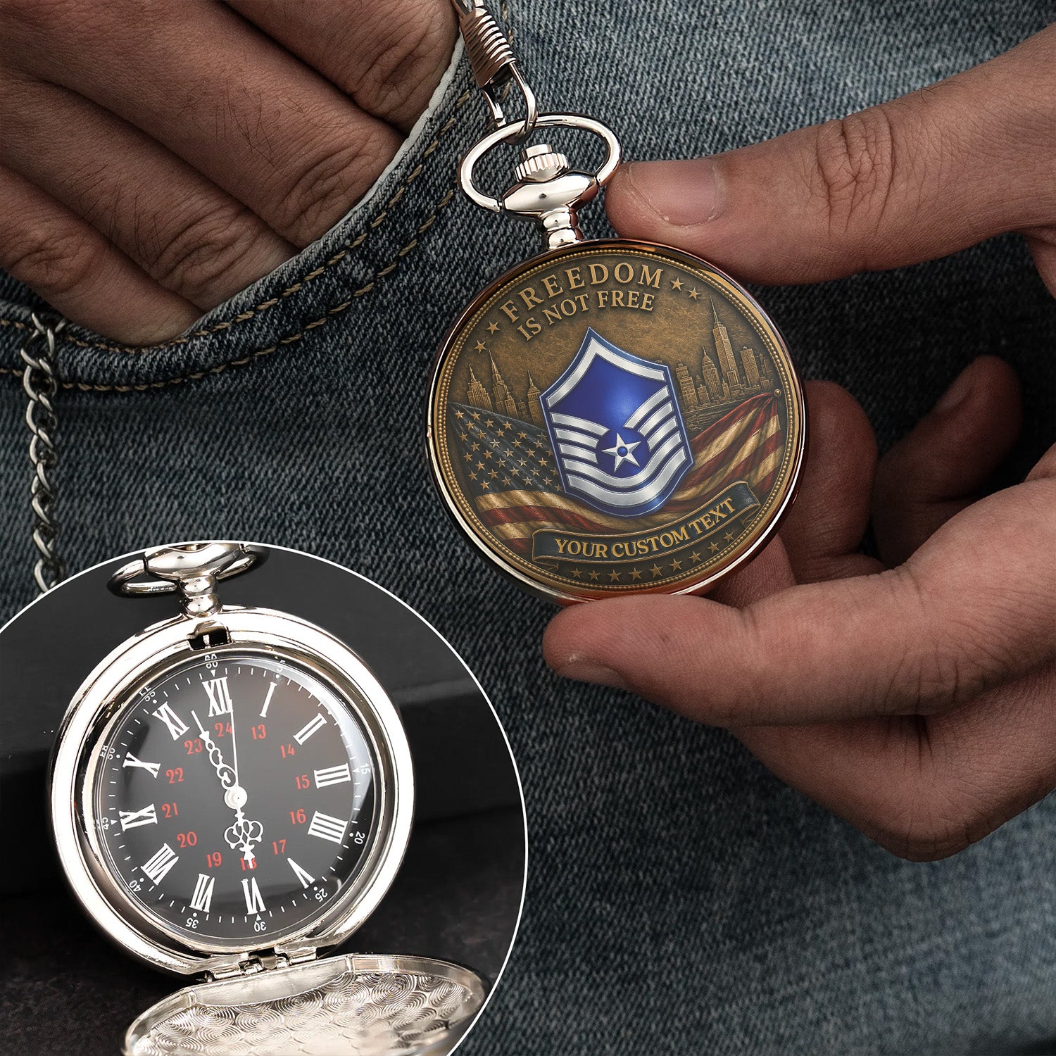 Personalized US Air Force 250th Anniversary Pocket Watch Custom Rank Gift