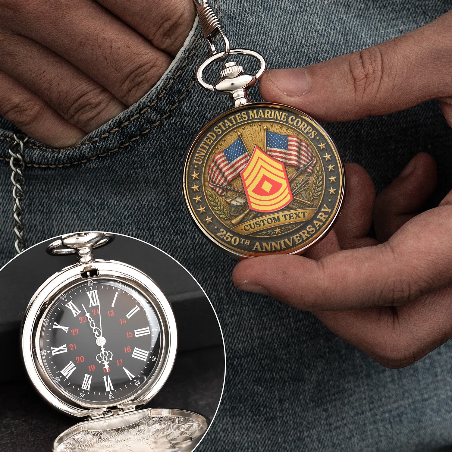 USMC Pocket Watch Personalized Text and Rank