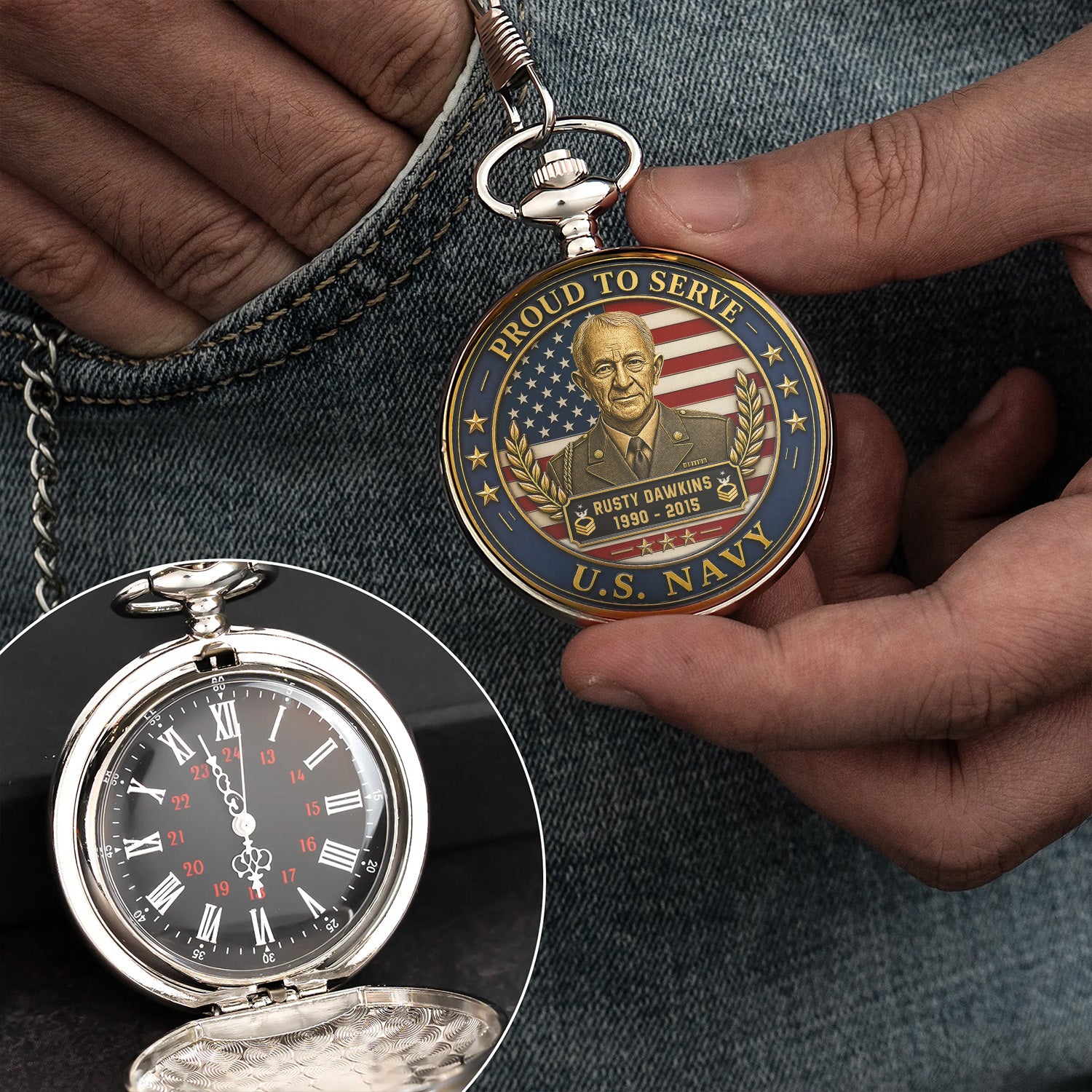 US Navy Anniversary Pocket Watch Personalized Name and Rank