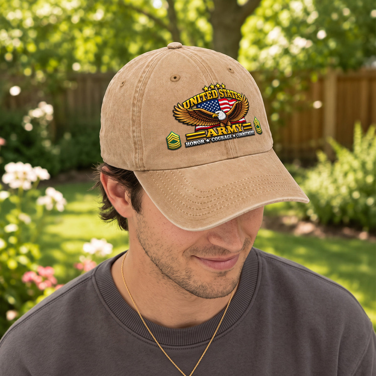 Custom U.S. Army Washed Cap Personalized Military Rank and Text