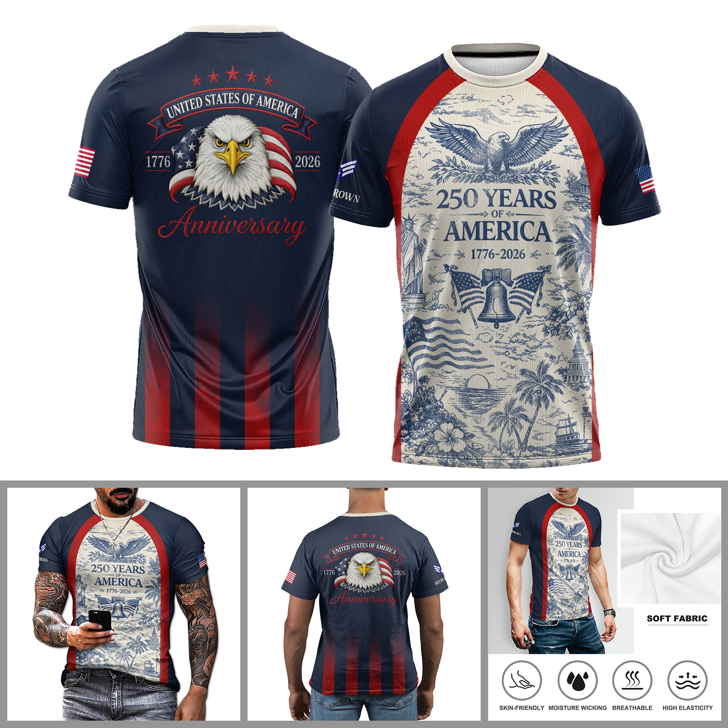 USA 250 Years T Shirt Eagle Patriotic 1776-2026 AOP Tee