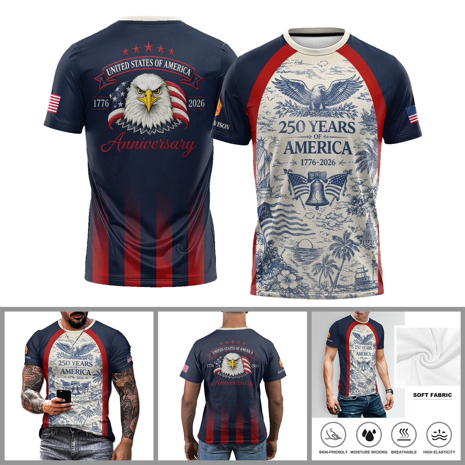 USA 250 Years T Shirt Eagle Patriotic 1776-2026 AOP Tee