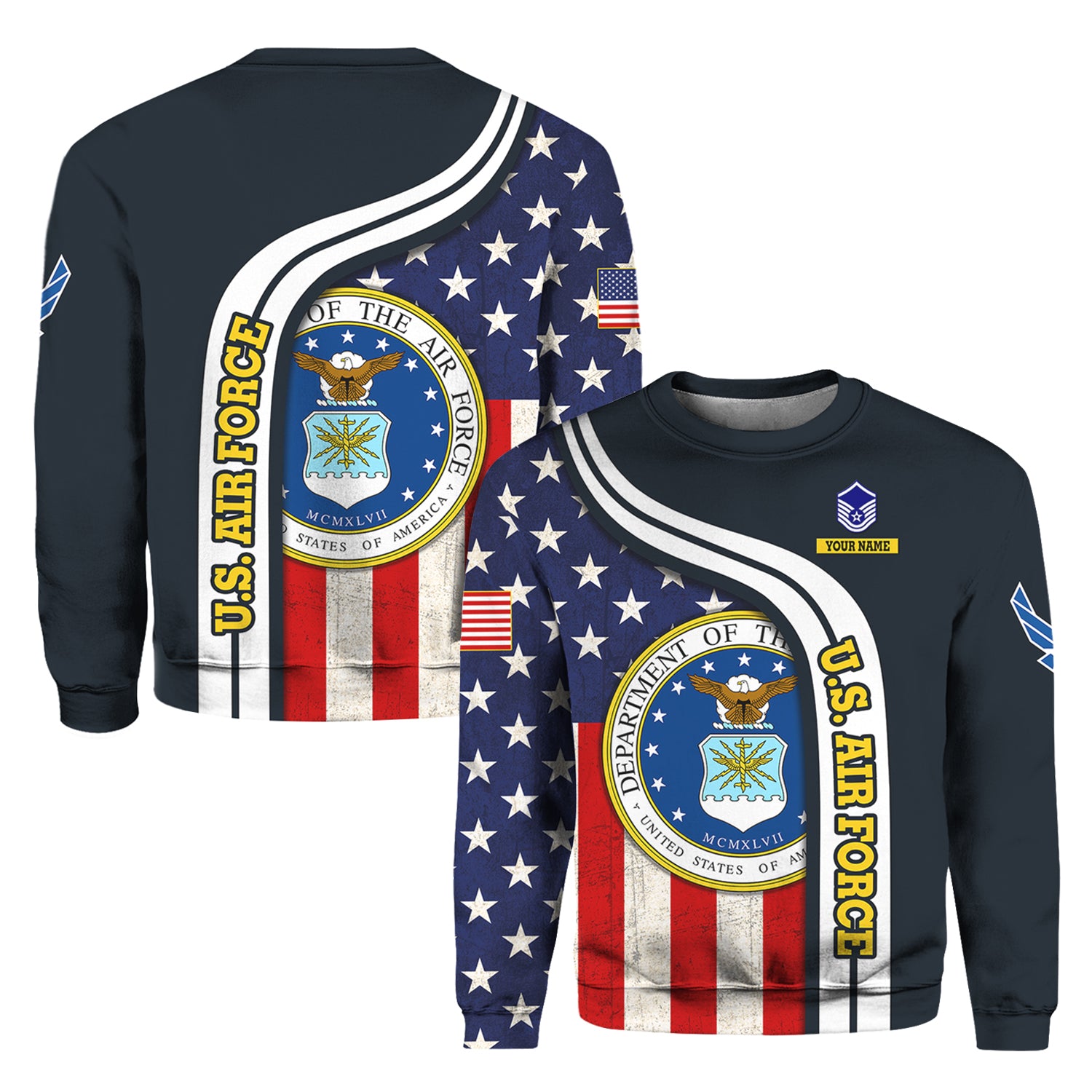Custom 3D All Over Prints Crewneck Sweatshirt, Personalized Name And Military Logo, USA Flag-AOV-Custom-Veterans Nation