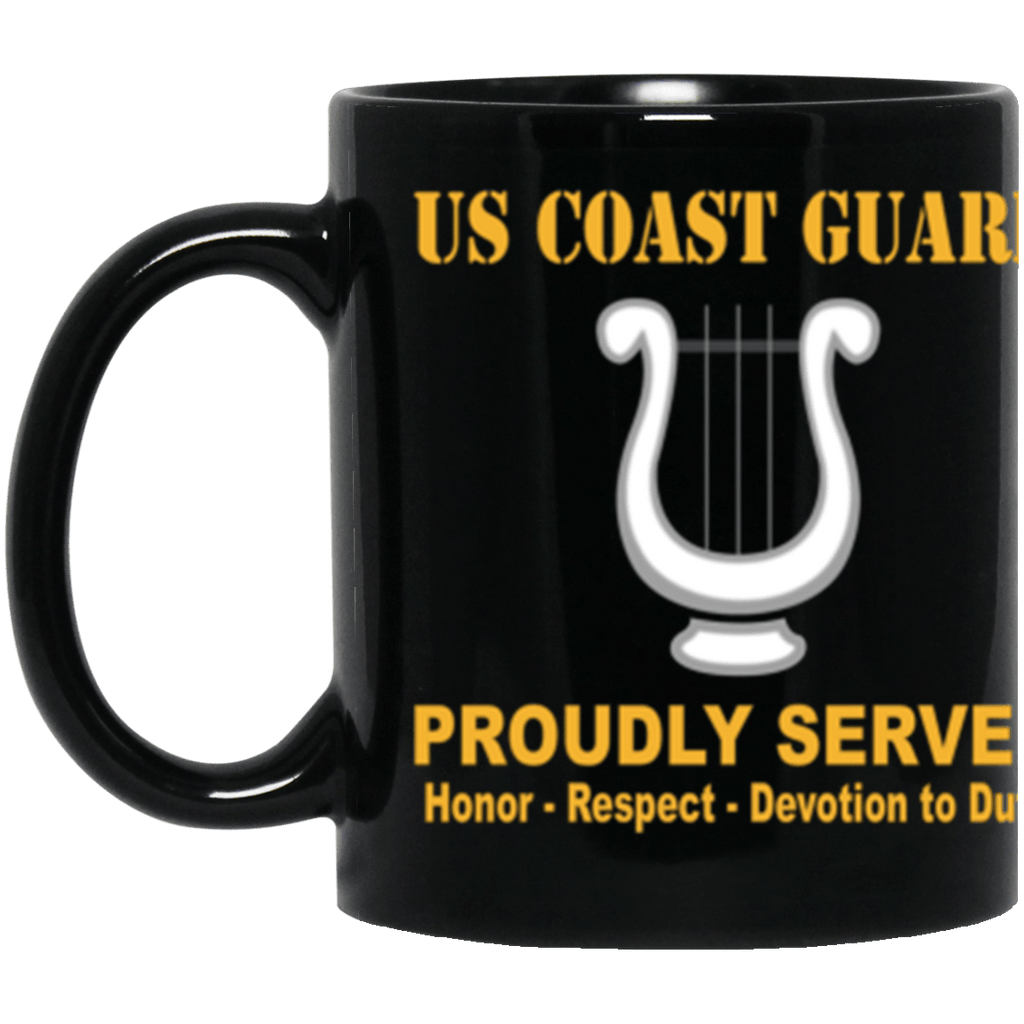 USCG Musician MU Logo Proudly Served Core Values 11 oz. Black Mug-Drinkware-Veterans Nation